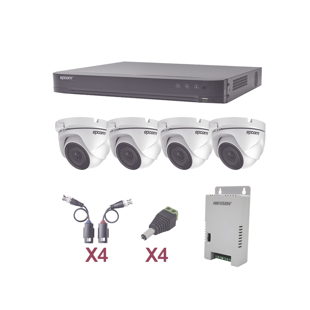 KIT TurboHD 1080p / DVR 4 Canales / 4 Camaras Eyeball (exterior 2.8 mm) / Transceptores / Conectores / Fuente de Poder Profesional