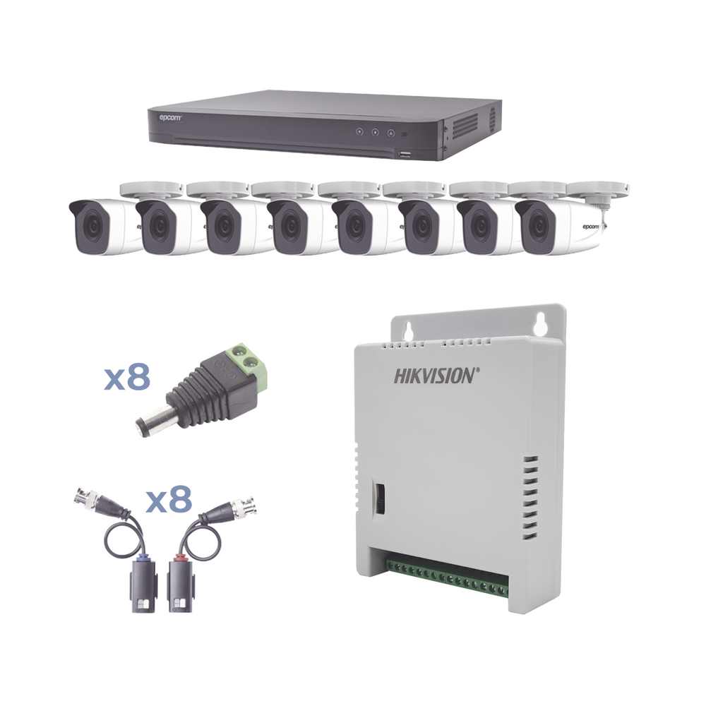 KIT TurboHD 1080p / DVR 8 Canales / 8 Camaras Bala (exterior 2.8 mm) / Transceptores / Conectores / Fuente de Poder Profesional hasta 15 Vcc para Larga Distancias
