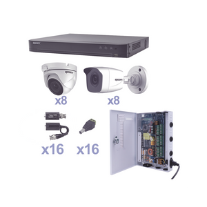 KIT TurboHD 1080p / DVR 16 Canales / 8 Camaras Bala (exterior 2.8 mm) / 8 Camaras Eyeball (exterior 2.8 mm) / Transceptores / Conectores / Fuente de Poder Profesional