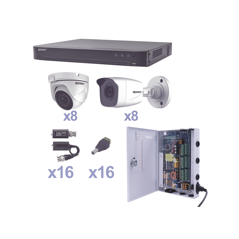 KIT TurboHD 1080p / DVR 16 Canales / 8 Camaras Bala (exterior 2.8 mm) / 8 Camaras Eyeball (exterior 2.8 mm) / Transceptores / Conectores / Fuente de Poder Profesional
