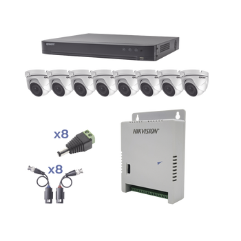 KIT TurboHD 1080p / DVR 8 Canales / 8 Camaras Eyeball (exterior 2.8 mm) / Transceptores / Conectores / Fuente de Poder Profesional hasta 15 Vcc para Larga Distancia