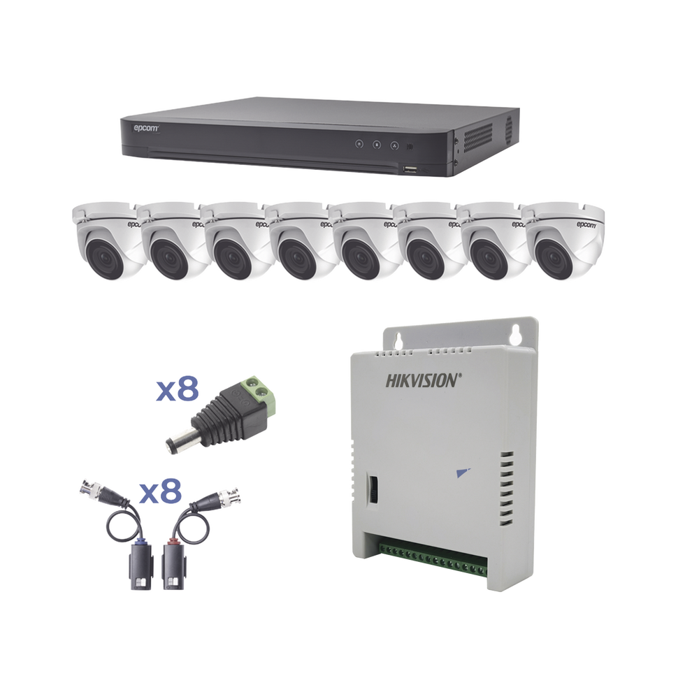 KIT TurboHD 1080p / DVR 8 Canales / 8 Camaras Eyeball (exterior 2.8 mm) / Transceptores / Conectores / Fuente de Poder Profesional hasta 15 Vcc para Larga Distancia