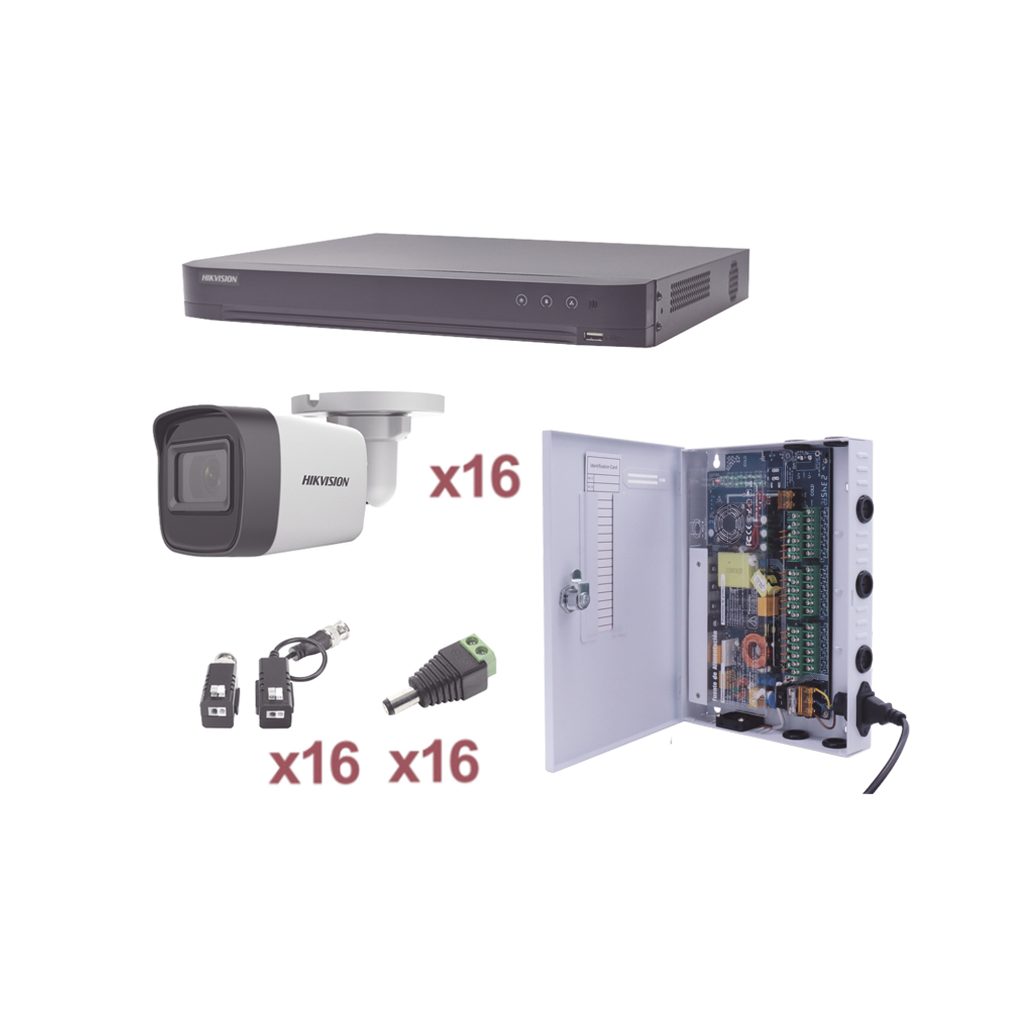 Kit TurboHD 1080p con DVR de 16 Canales, 16 Cámaras Bala para Exterior (2.8 mm), Transceptores, Conectores y Fuente de Poder Profesional