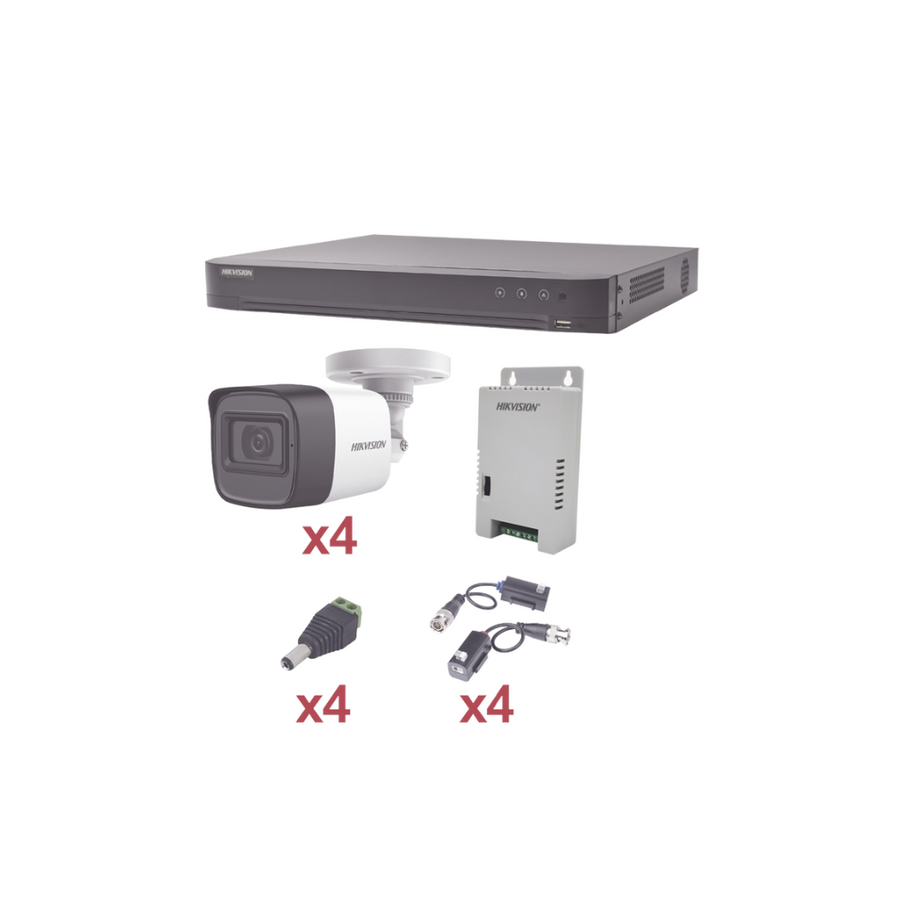 Kit TurboHD 1080P: DVR 4 Canales, 4 Camaras Bala (Exterior 2.8mm), Transceptores, Conectores y Fuente de Poder Profesional