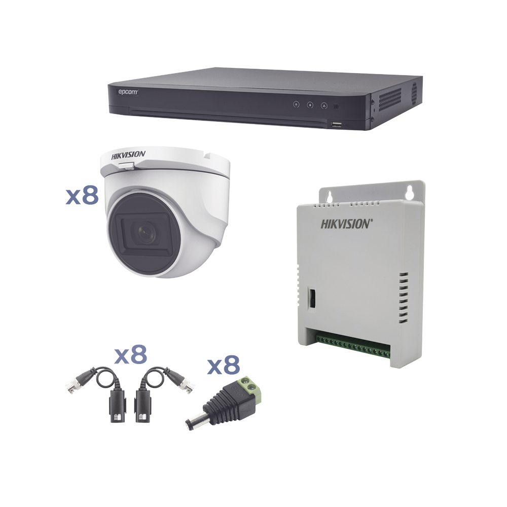 Kit TURBOHD 1080p / DVR 8 Canales / 8 Camaras Turret (exterior 2.8 mm) / Conectores / Transceptores / Fuente de Poder Profesional hasta 15 Vcc para Larga Distancia