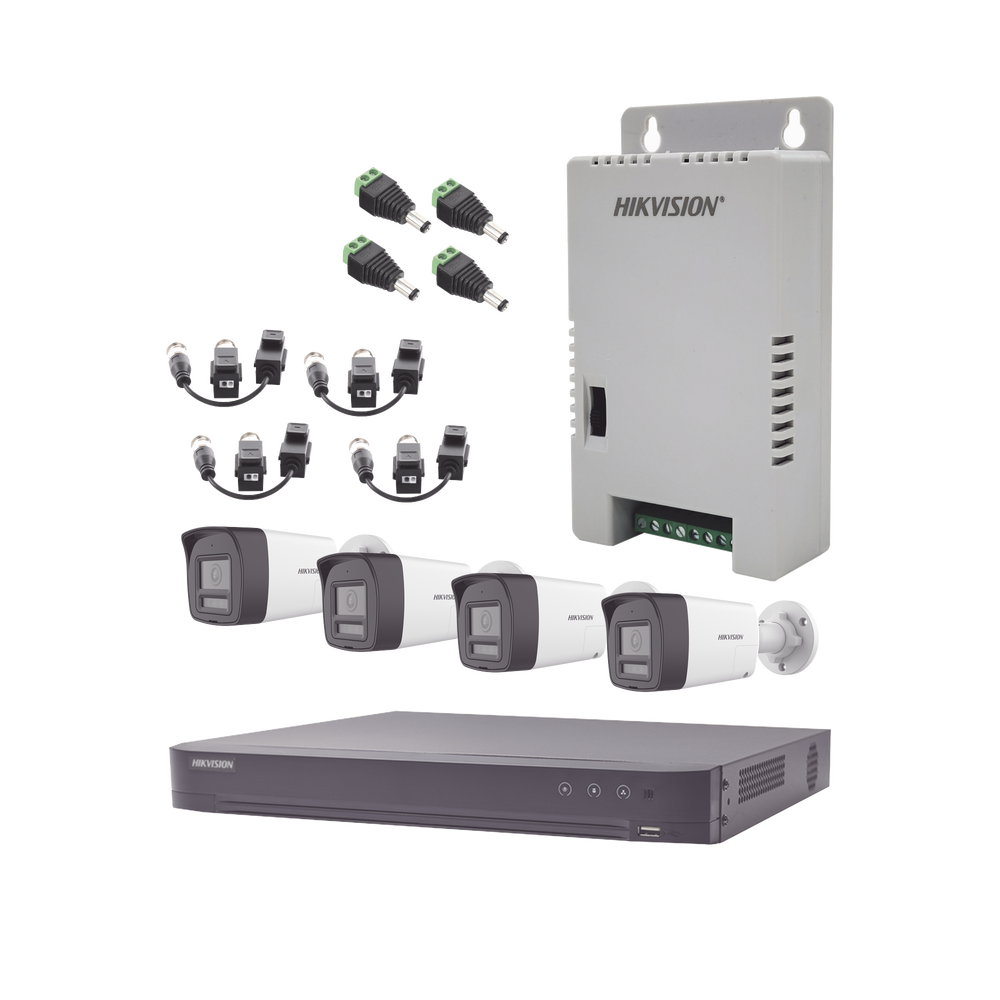 Kit Audio Bidireccional TurboHD 4K-3K / DVR 4 Canales 4K / 4 Camaras Bala (Exterior) con Bocina y Microfono Integrado 3K / 1 Fuentes de Poder / Accesorios