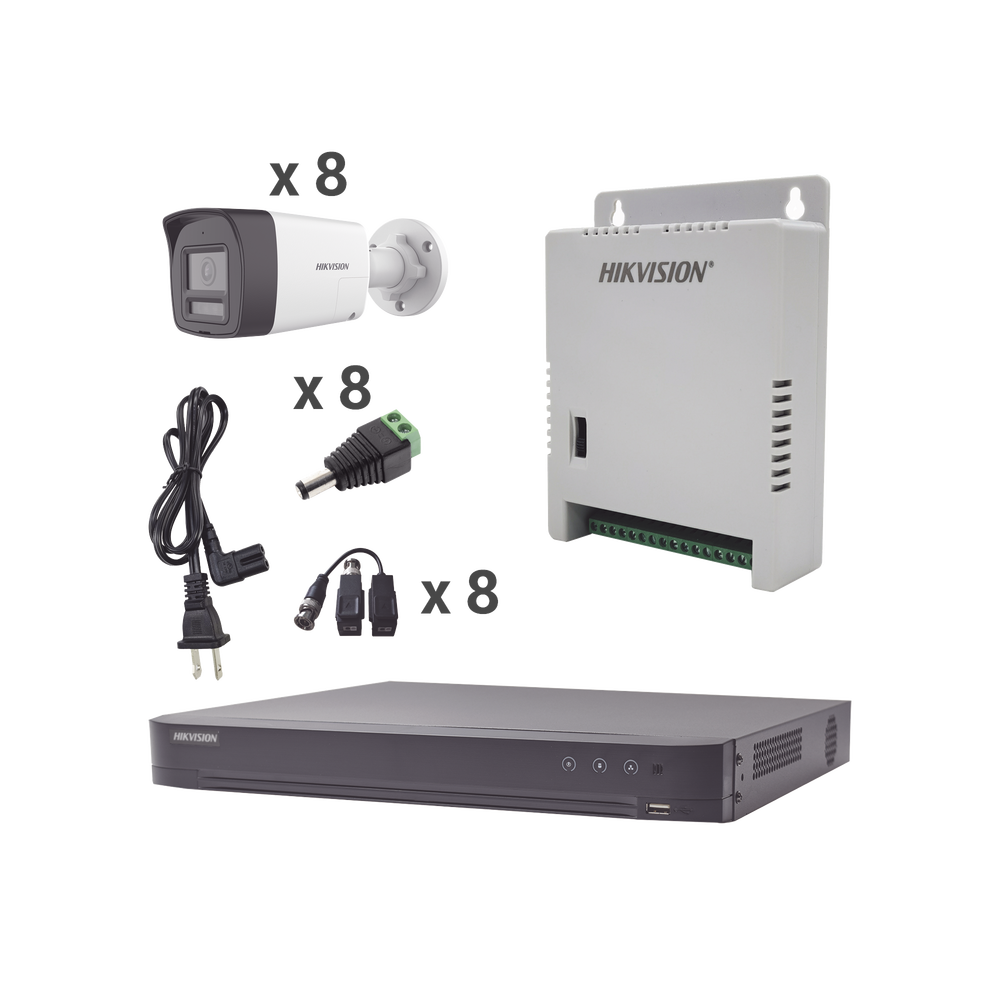 Kit Audio Bidireccional TurboHD 4K-3K / DVR 8 Canales 4K / 8 Camaras Bala (Exterior) con Bocina y Microfono Integrado 3K / 1 Fuentes de Poder / Accesorios