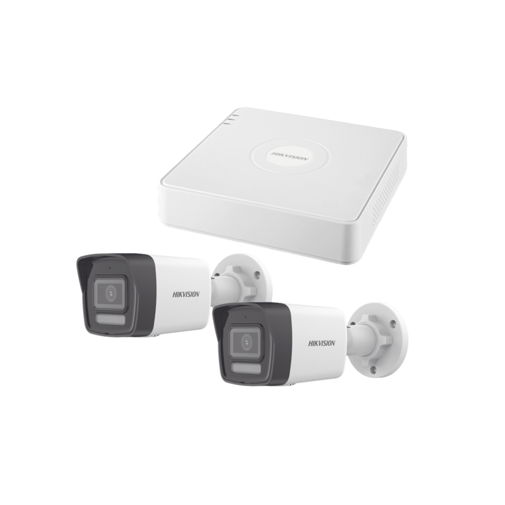 Kit IP 1080p (2 Megapíxeles), NVR de 4 Canales con 4 Puertos PoE, 2 Cámaras Bala IP con Micrófono Integrado, ColorVu Lite y ACUSENSE Lite