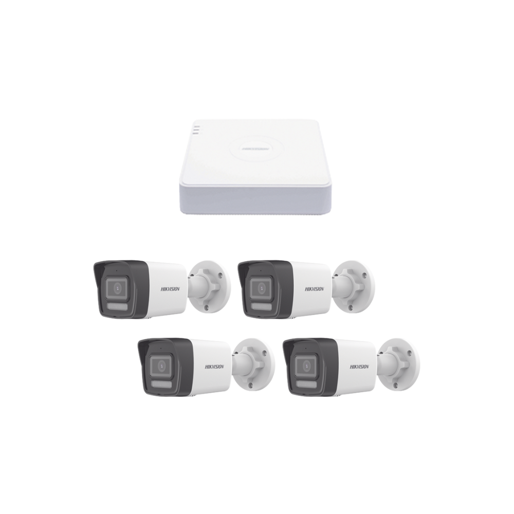 Kit IP 1080p (2 Megapíxeles) con NVR de 4 Canales, 4 Puertos PoE, 4 Cámaras IP Bala ColorVu Lite y ACUSENSE Lite, Micrófono Integrado