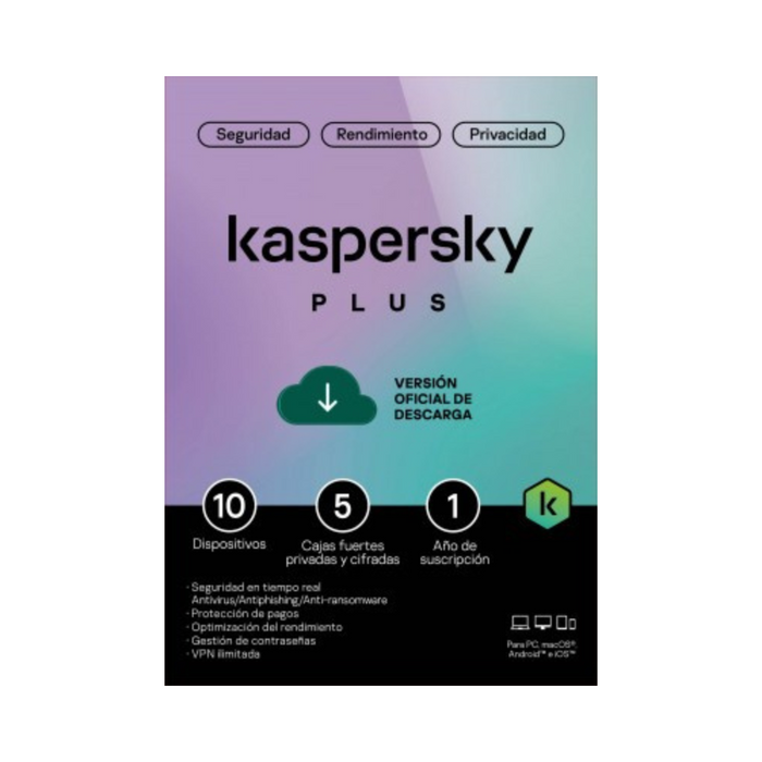 Licencia Kaspersky Plus 1 Año - 10 Dispositivos, 5 Cuentas KPM (Antivirus ESD)