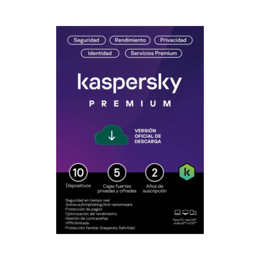 Licencia Kaspersky Premium 2 Años - 10 Dispositivos, 5 Cuentas KPM (Antivirus ESD)