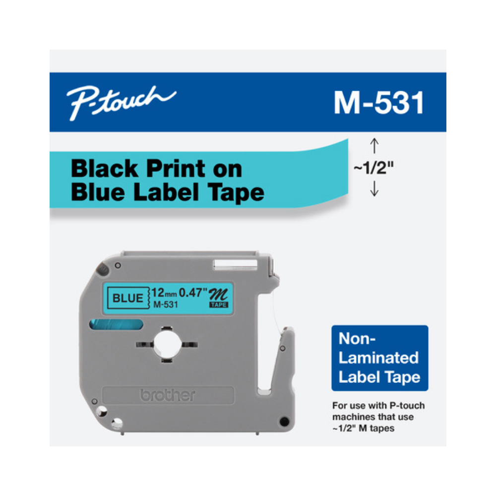 Cinta Brother M531 Azul Metálico 12.70mm x 7.99m Auto-Adhesiva No Laminada Para Impresoras De Etiquetas P-Touch