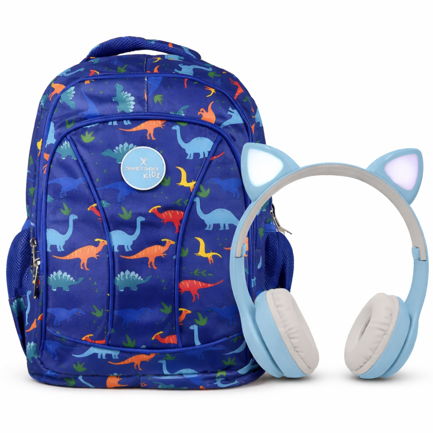 Kit Perfect Choice De Mochila Brooklyn Dinosaurio Y Audífonos Catto Color Azul