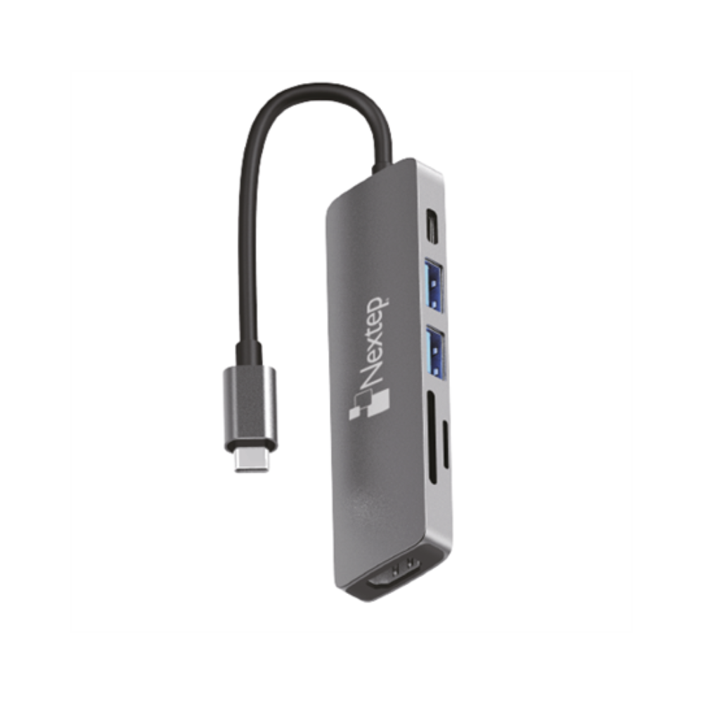 Hub Nextep USB-C 6 en 1: USB 3.0/HDMI 4K, Lector SD-TF, Gris NE-446