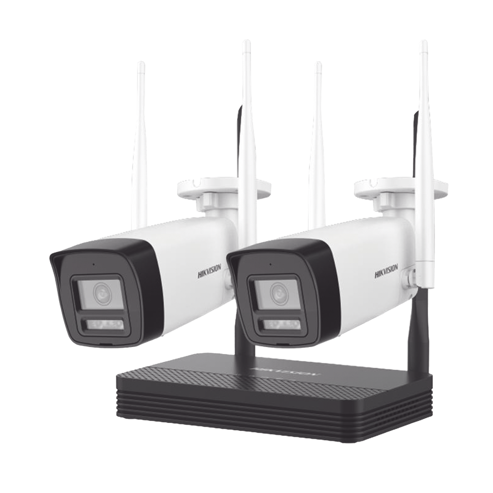 Kit IP Inalámbrico 2 Megapixel 1080p NVS 4 Canales 2 Cámaras Bala para Exterior Lente 2.8mm Dual Light 30m IR + 20m Luz Blanca Audio Bidireccional Micrófono y Bocina Soporta Micro SD 512GB