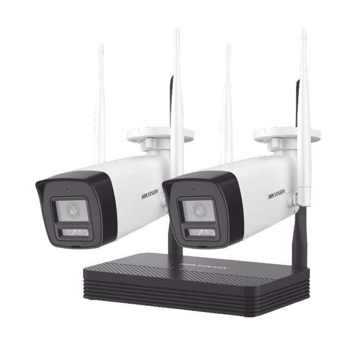 Kit IP Inalámbrico 2 Megapixel 1080p NVS 4 Canales 2 Cámaras Bala para Exterior Lente 2.8mm Dual Light 30m IR + 20m Luz Blanca Audio Bidireccional Micrófono y Bocina Soporta Micro SD 512GB