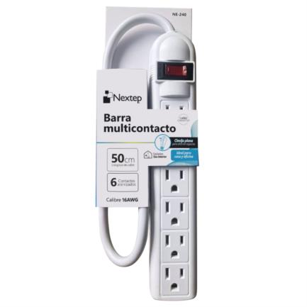 Barra Multicontacto Nextep 6 Contactos Aterrizados Supresor 490J Cable 50cm 16AWG