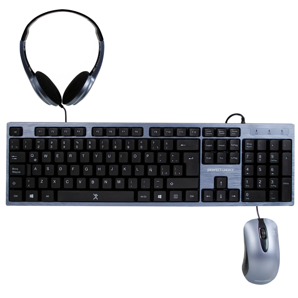 Kit teclado mouse y diadema Perfect Choice negro con azul alambrico USB 1000DPI