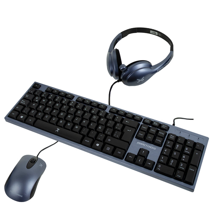 Kit teclado mouse y diadema Perfect Choice negro con azul alambrico USB 1000DPI