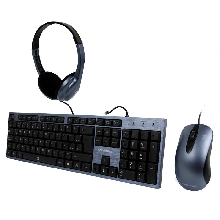 Kit teclado mouse y diadema Perfect Choice negro con azul alambrico USB 1000DPI