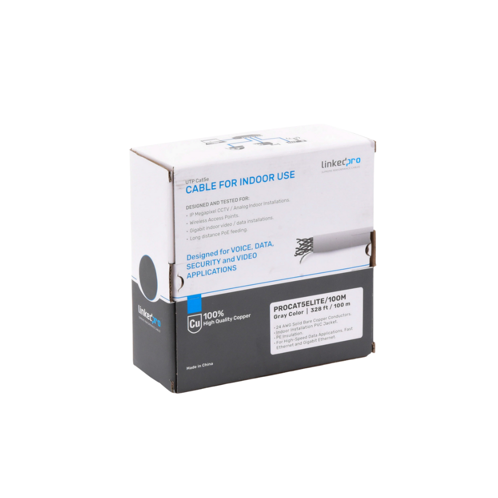 Bobina de Cable 100m Cat5e (24 AWG), Gris, UL, para Videovigilancia y Redes de Datos, Uso Interior