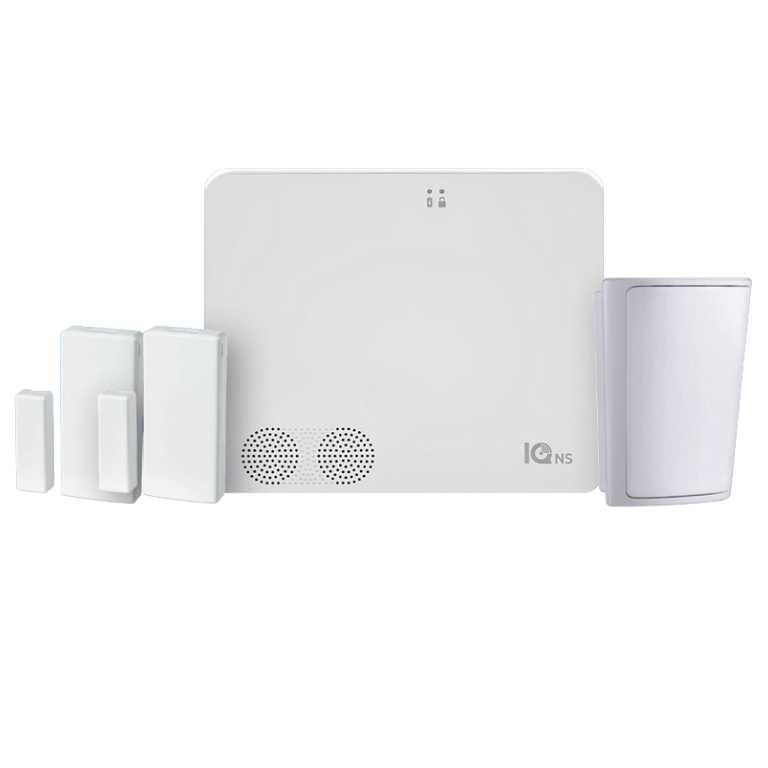 Kit de Sistema de Alarma Qolsys IQNS PACK, Incluye Panel IQ 4 NS, 1 sensor PIR inalámbrico PG9914, 2 Sensores Magnéticos PG9303, Color Blanco.