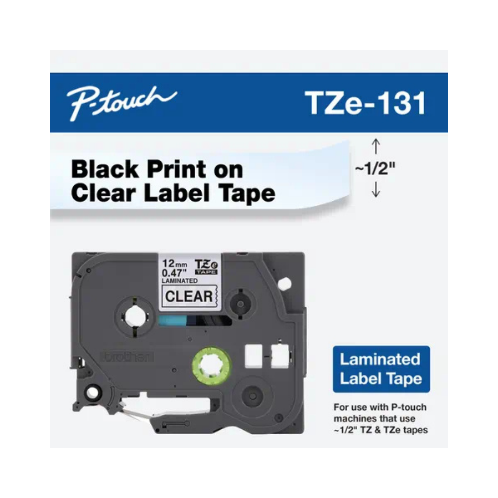 Cinta Brother TZe131 Negro Sobre Transparente Laminada 12mm x 8m Para PT300 / PT310B / PT330 / PT530