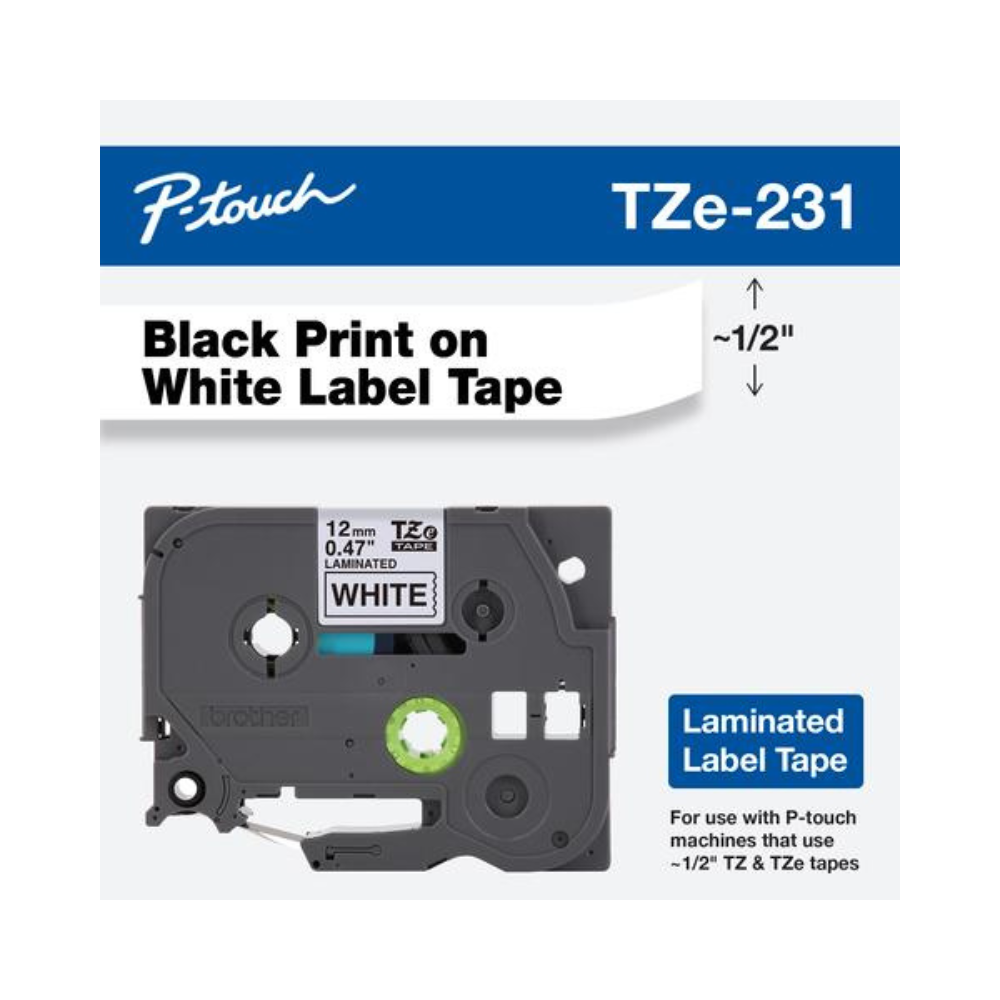 Cinta Laminada Brother TZE231 Negro Sobre Blanco 12mm TZE231