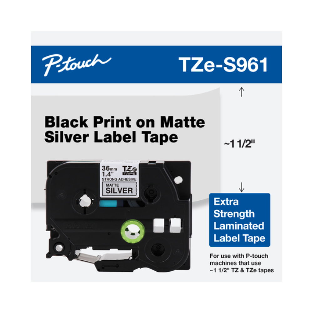 Cinta Brother TZE961 Negro Sobre Plata Mate 36mm x 8m TZE961
