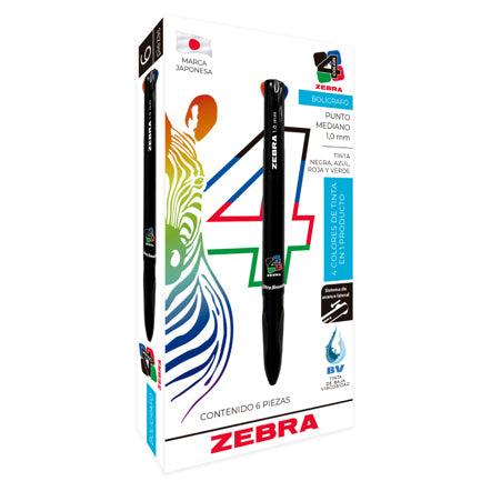 Bolígrafo Zebra 4 Color Retráctil Punto Mediano 1.0Mm Colores Negro-Azul-Rojo-Verde C/6 Pzas