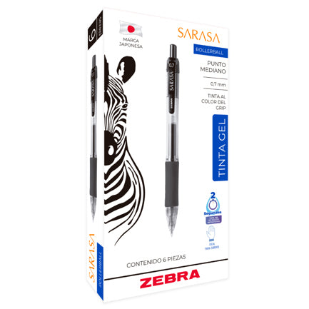 Bolígrafo Zebra Sarasa Retráctil Punto Mediano 0.7M Tinta Gel Color Negro C/6 Pzas