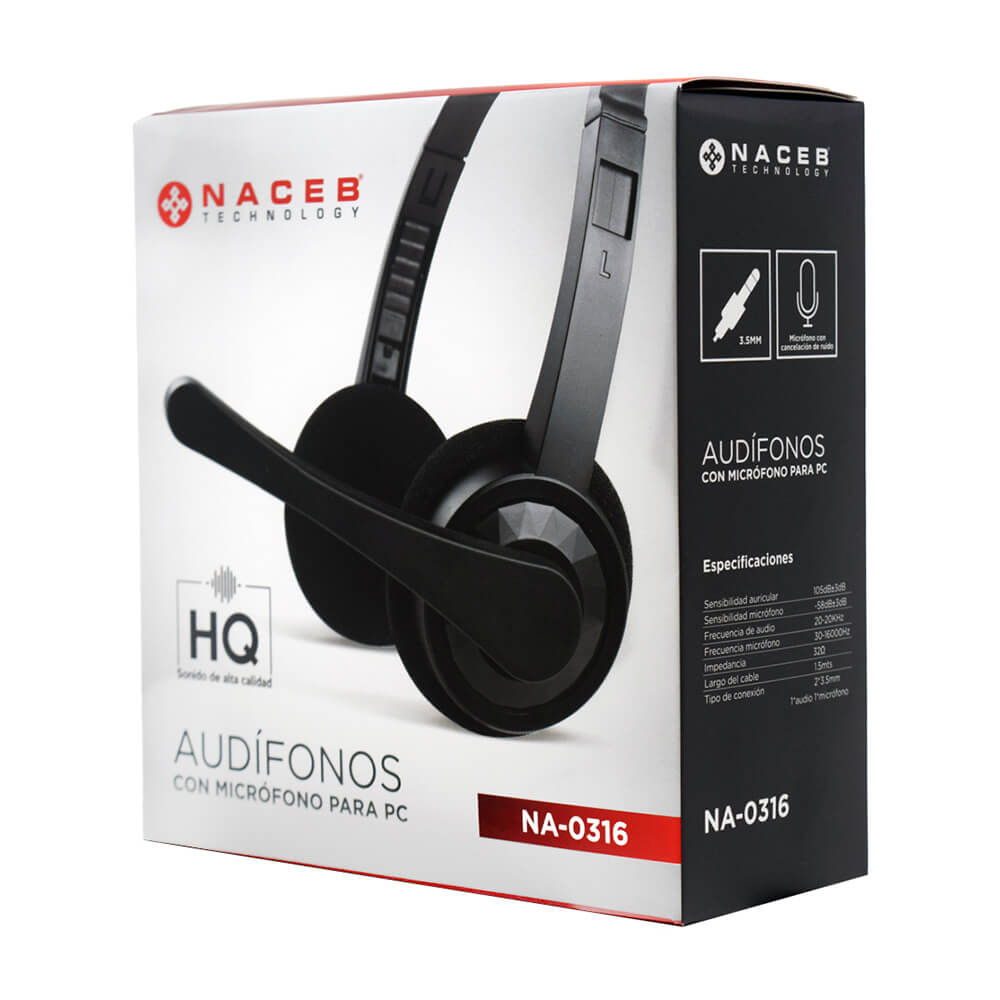 Audifono diadema alambrico Naceb para pc negro 3.5mm c/microf 1.5m