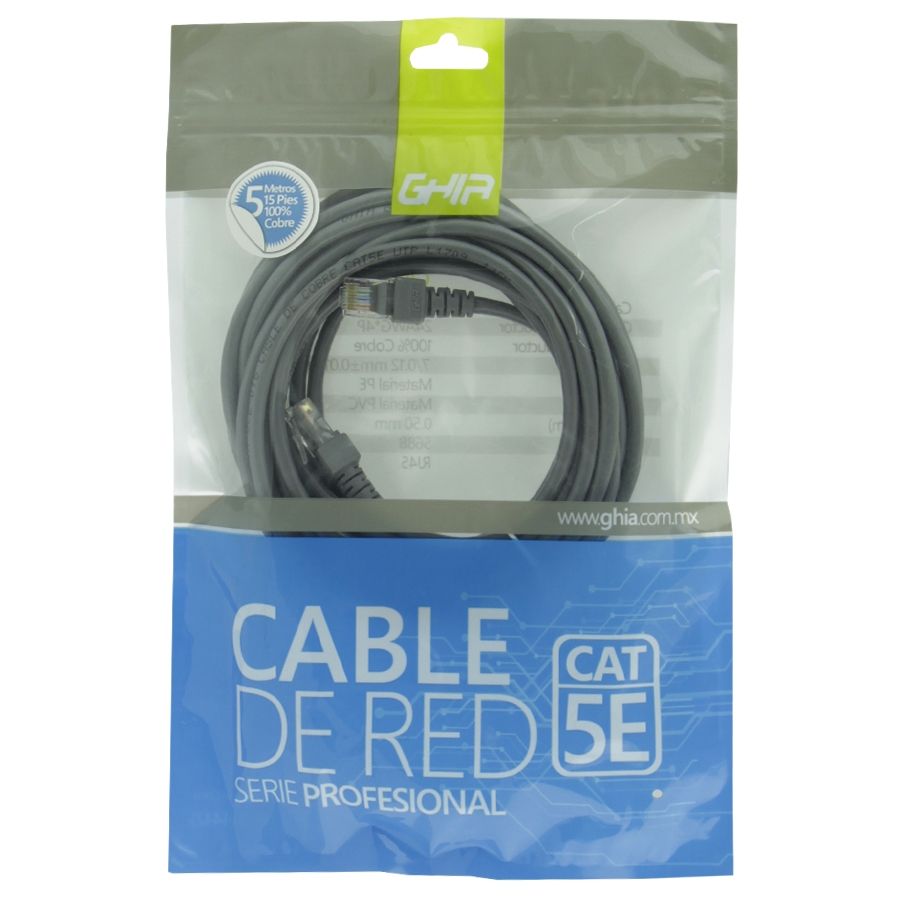 Cable de Red UTP CAT5E Ghia 100% Cobre Gris RJ45 5 Metros 15 Pies Patch Cord