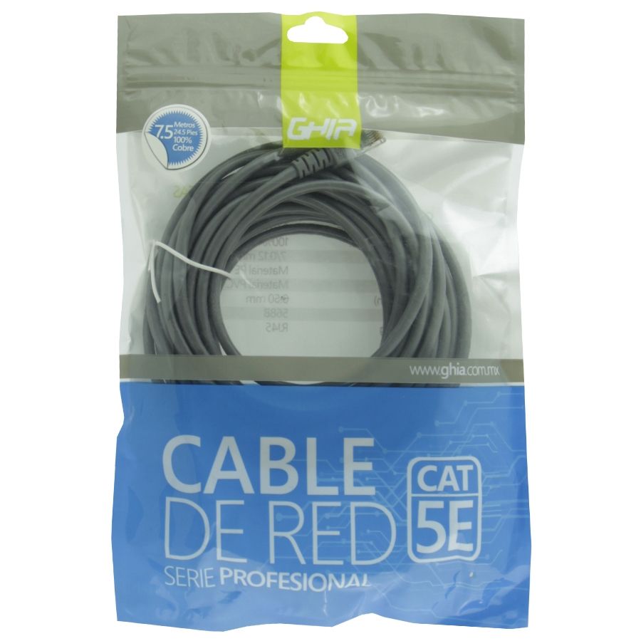 Cable de Red UTP CAT5E Ghia 100% Cobre Gris RJ45 7.5 Metros 22.5 Pies Patch Cord