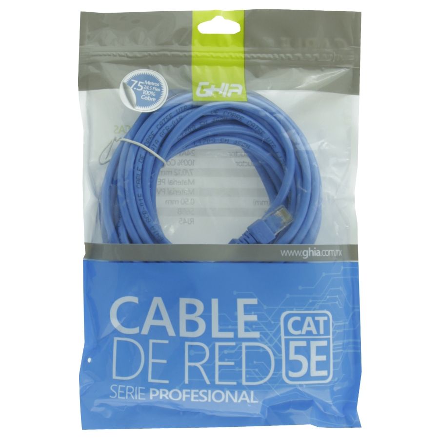 Cable de Red UTP CAT5E Ghia 100% Cobre Azul RJ45 7.5 Metros 22.5 Pies Patch Cord