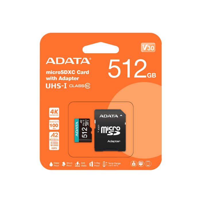 Memoria ADATA 512GB MicroSD Premier Pro con adaptador SD clase 10 A2 U3 V30 100MB/s