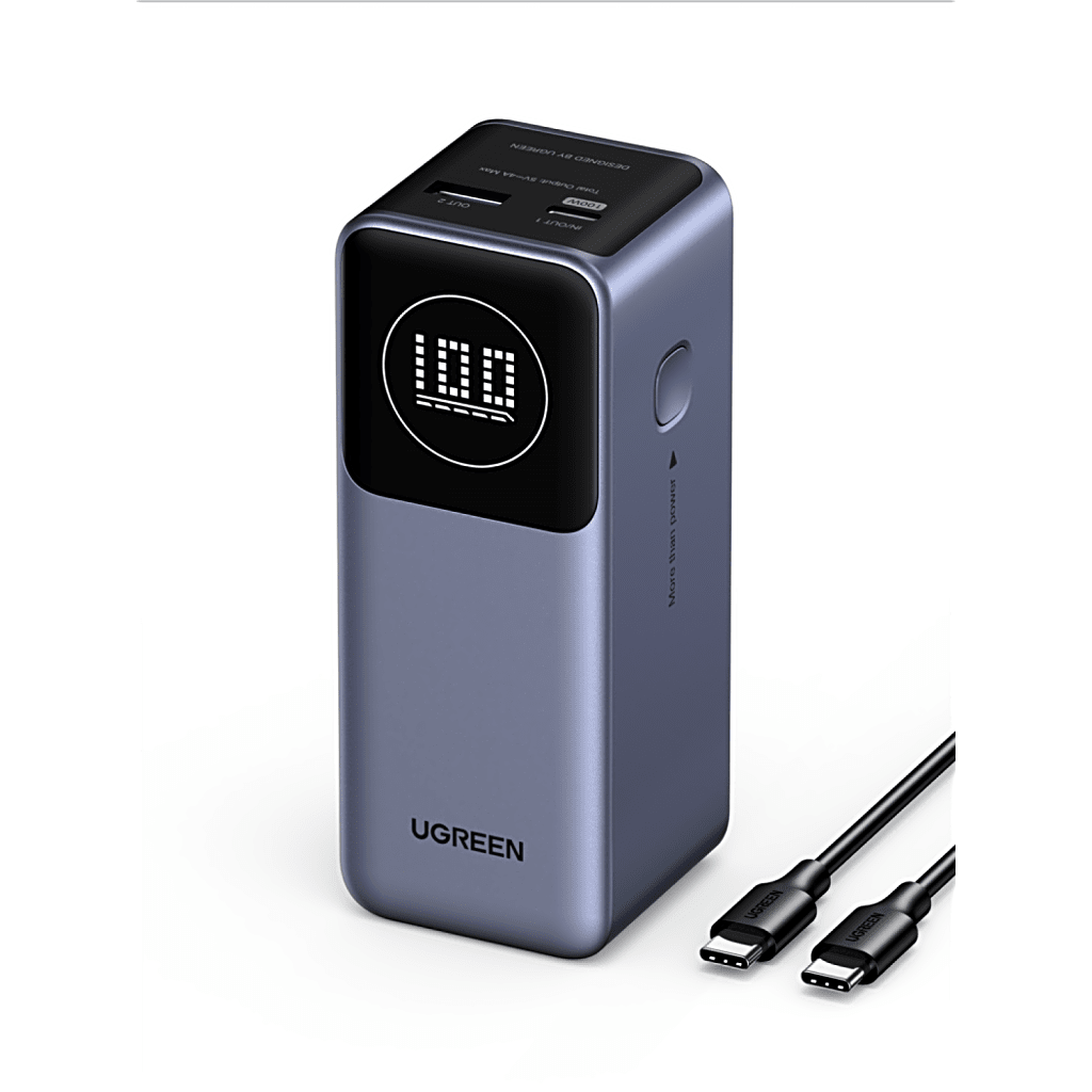 Power Bank 12000mAh 3 Salidas 100W USB A 2 USB C PD 3.0 QC3.0 FCP SCP Pantalla Inteligente Carcasa Ignífuga Gris Cable 50cm