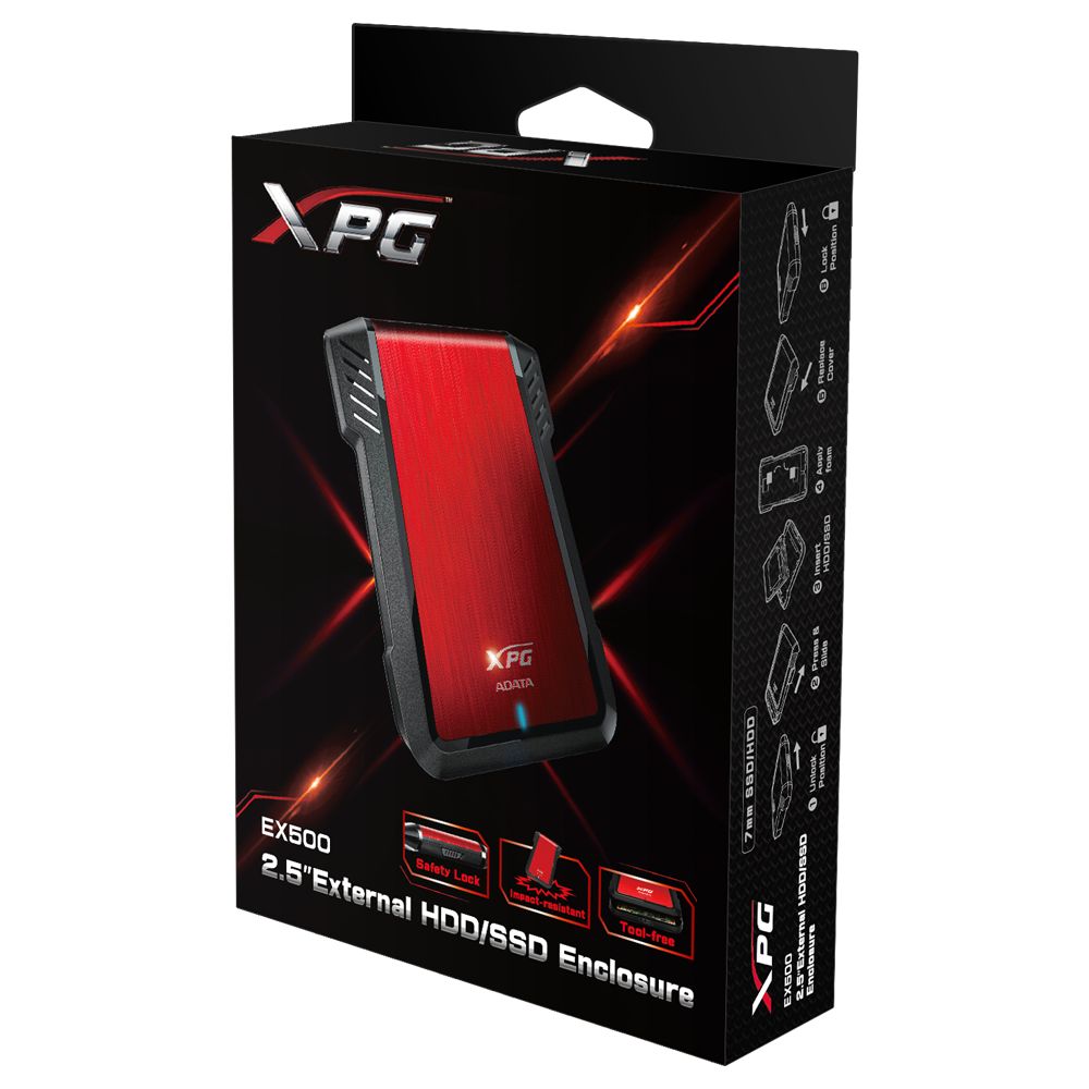 Enclosure ADATA XPG EX500 USB 3.0 rojo para HD 2.5 o SSD 2.5 no necesita tornillos
