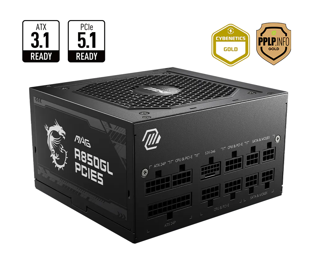 Fuente MSI 850W Gold 80 Plus full modular MPG conector PCIE5 Amarillo