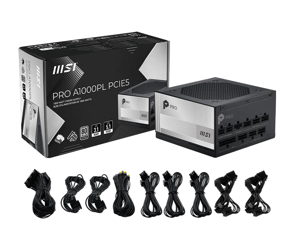 Fuente de poder MSI 1000W Paltinum 80 Plus Full Modular PRO A1000PL PCIE5 ATX
