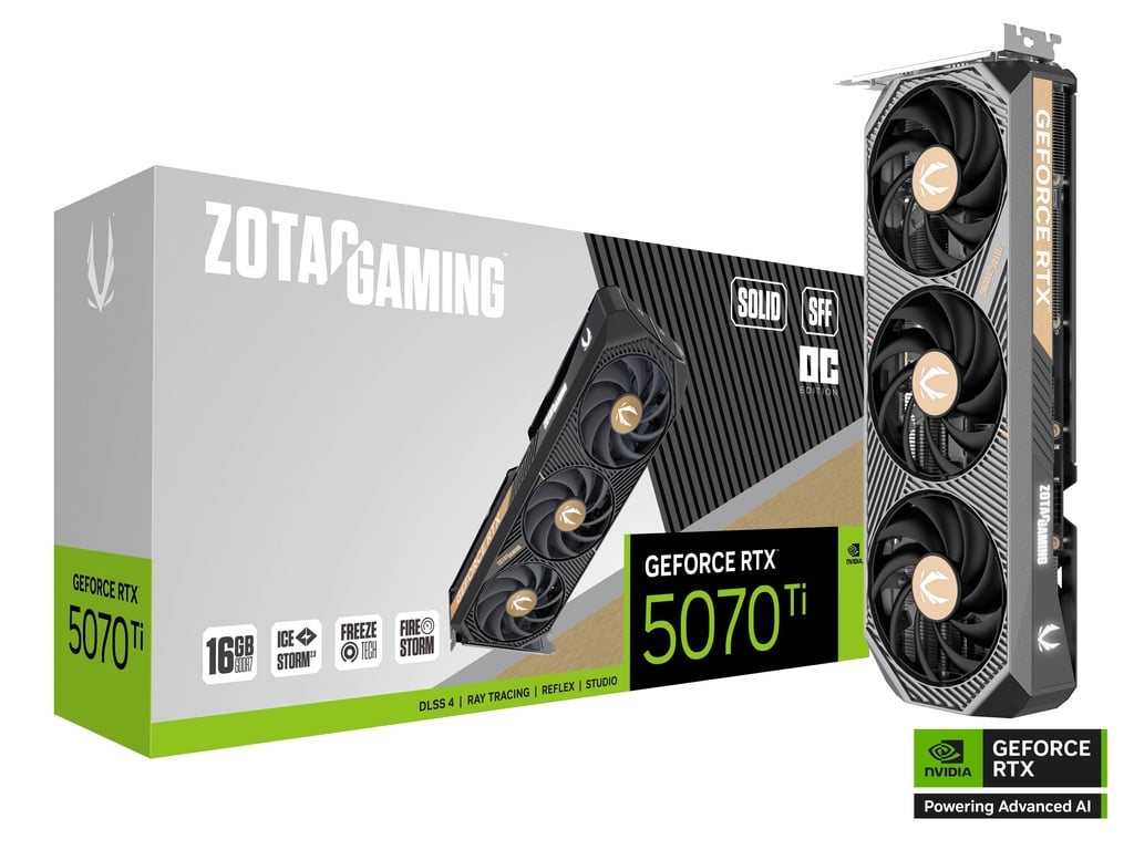 Tarjeta De Video Zotac 16GB GeForce RTX 5070 Ti SOLID SFF OC — 3xFan / GDDR7 / DLSS 4 / 1xHDMI / 3xDP — Modelo ZT-B50710J3-10P